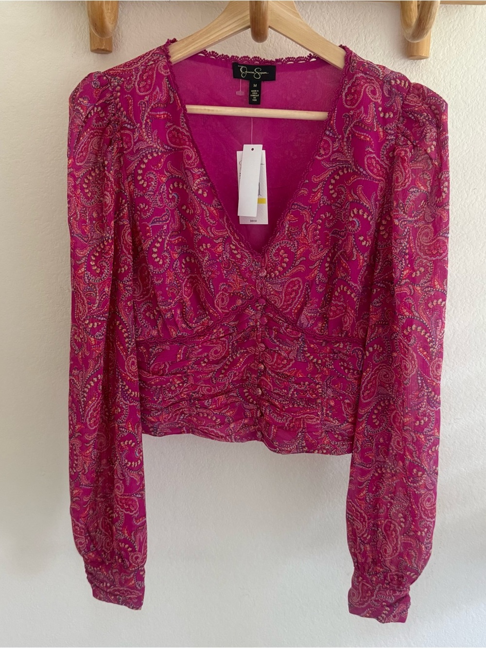 NWT y2k romantic festival boho Laira Paisley Crop long sleeve blouse Magenta